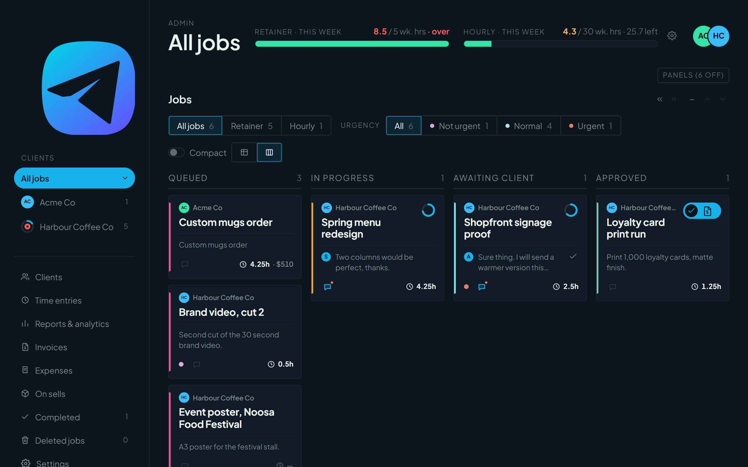 The admin dashboard showing weekly hours bars, the job board and the sidebar