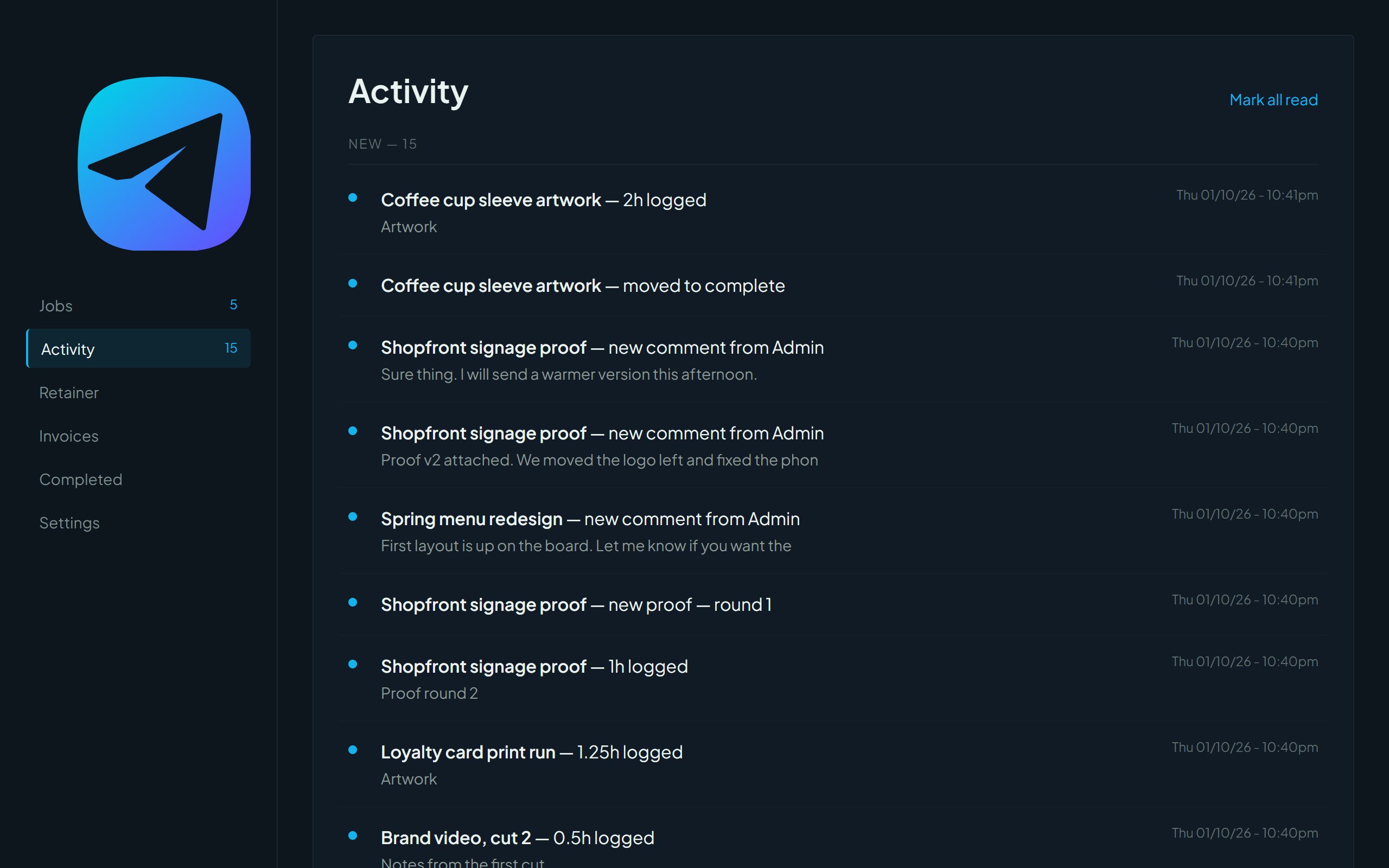 The client Activity page with a New section and an Earlier section