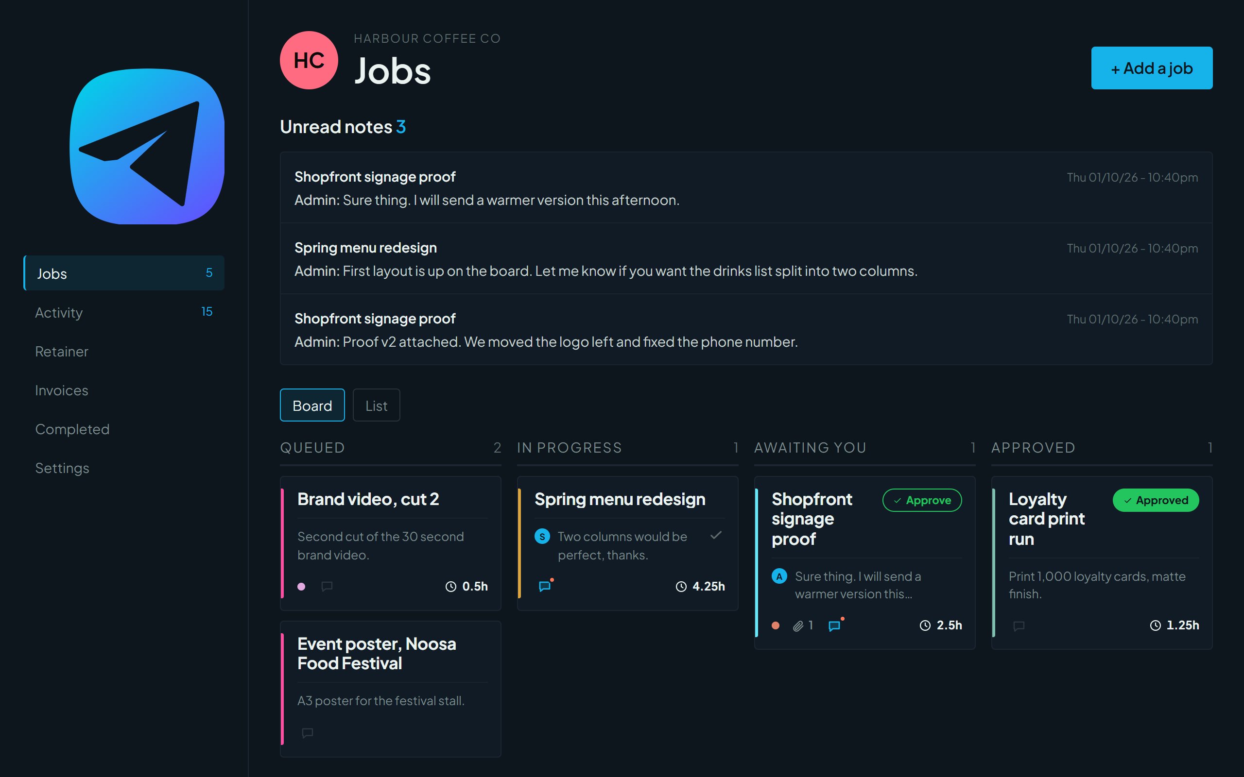 The client job board with Queued, In progress, Awaiting you and Approved columns