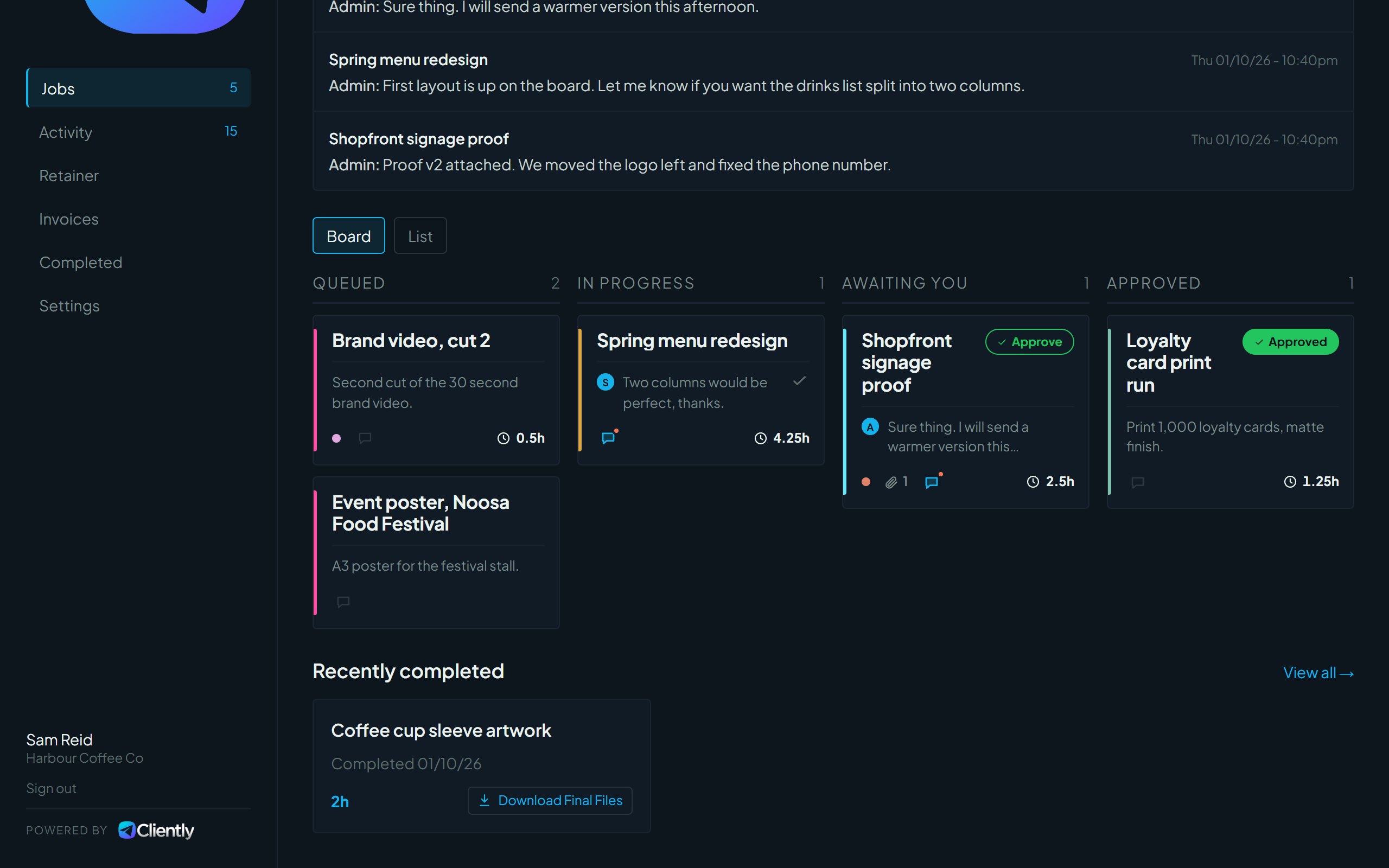 The lower part of the client job board with a Recently completed section and a Download Final Files button