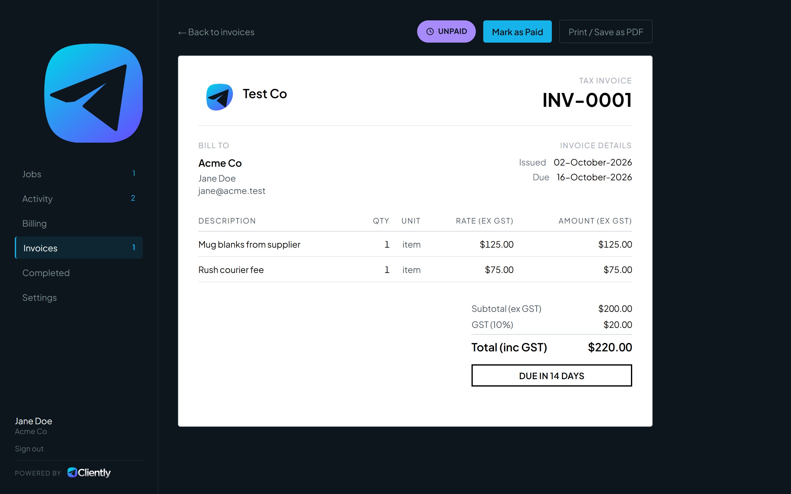 An invoice as the client sees it, with an Unpaid badge and Mark as Paid and Print / Save as PDF buttons