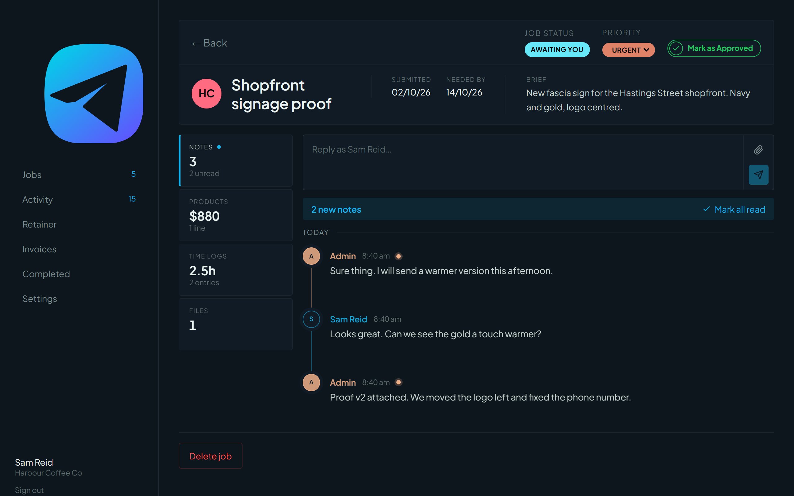A job page as the client sees it, with Notes, Products, Time logs and Files tabs and a Mark as Approved button
