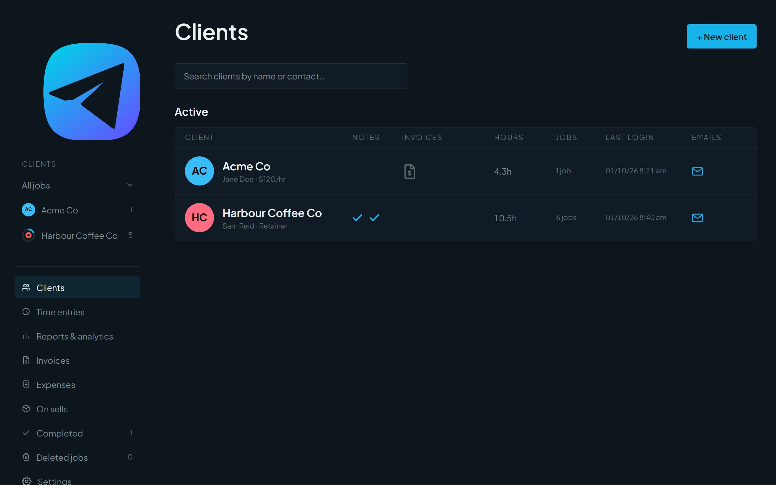 The Clients list showing two clients with hours, jobs and last login