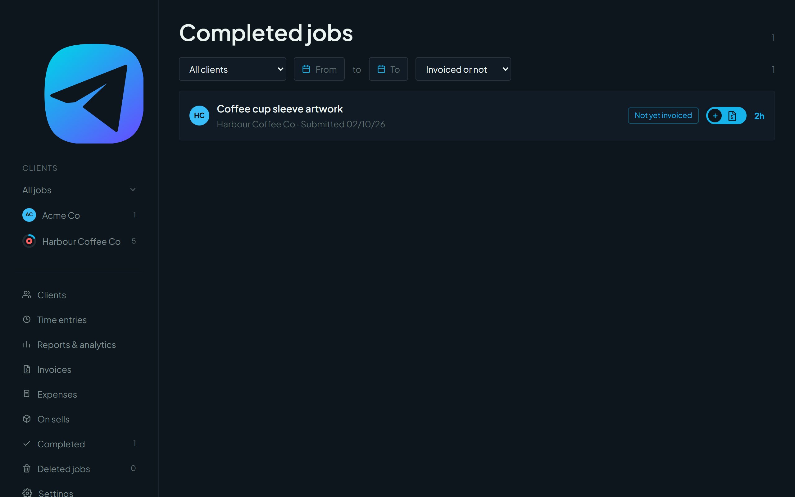 The Completed page listing a finished job
