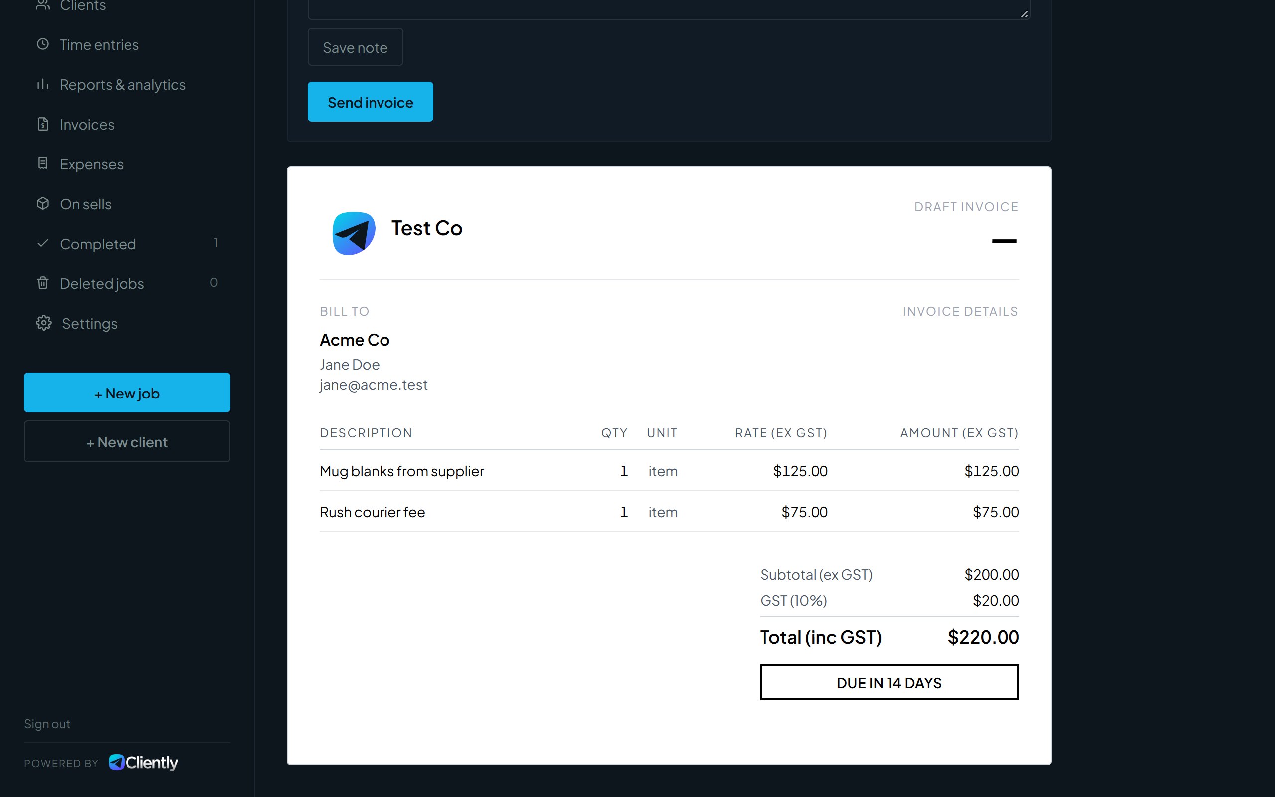 The invoice preview showing the bill-to details, line items, GST and total