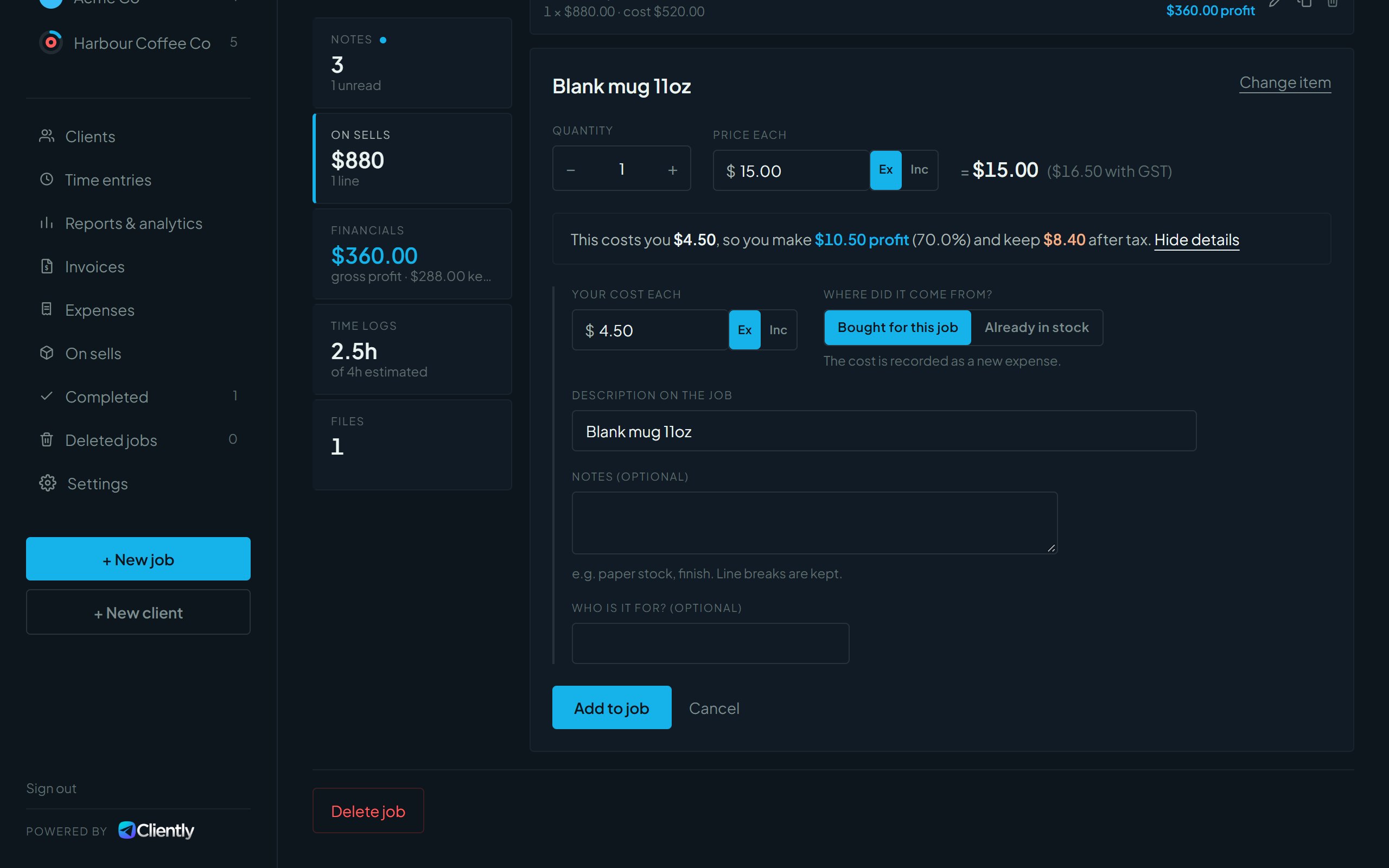 Edit cost and details open, showing your cost each, where did it come from, description, notes and who is it for