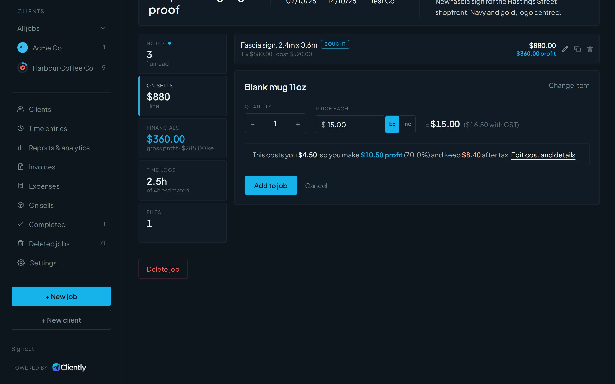 An on sell selected, showing quantity, price each and a profit summary