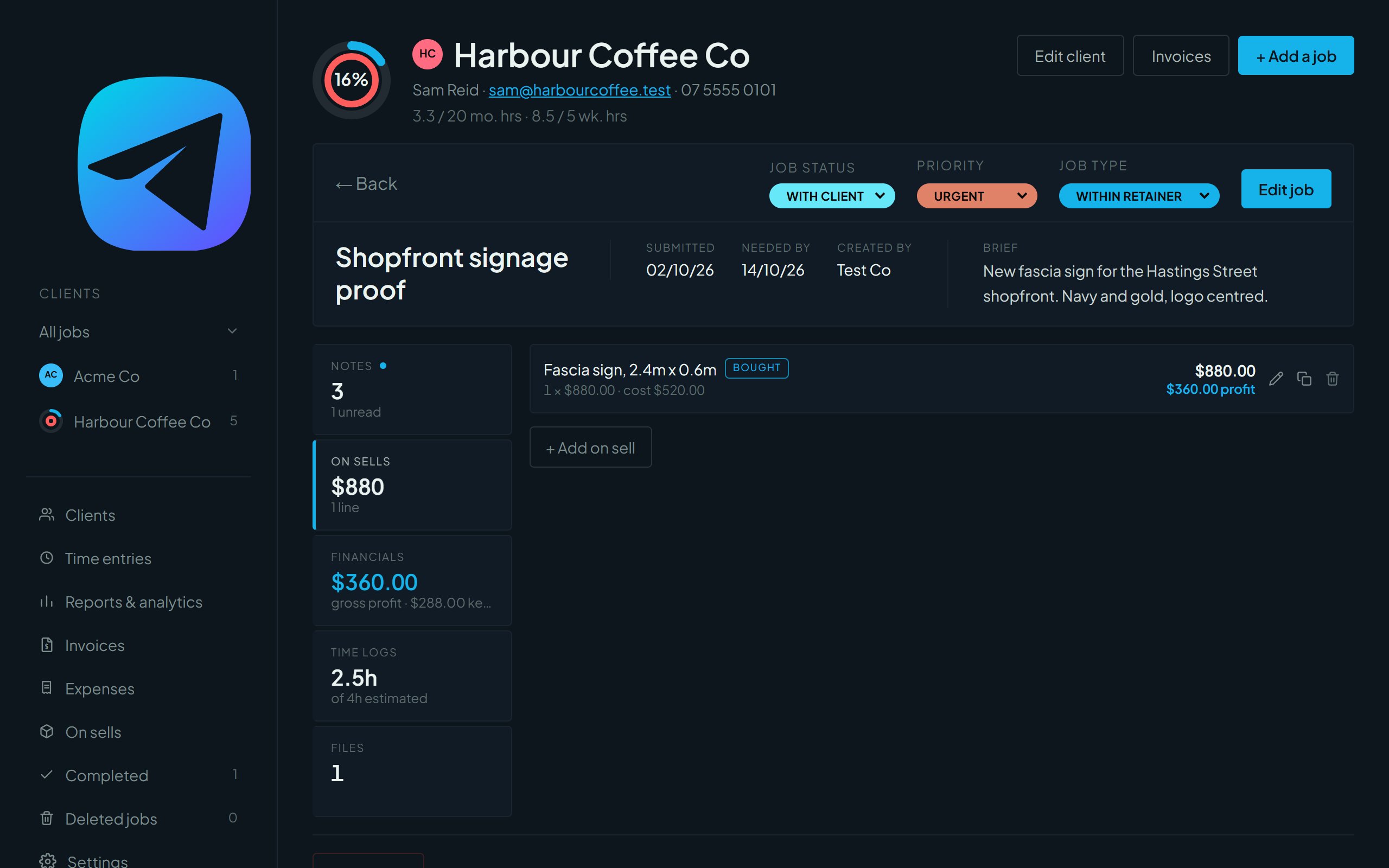 The On sells tab of a job showing one line with its cost and profit