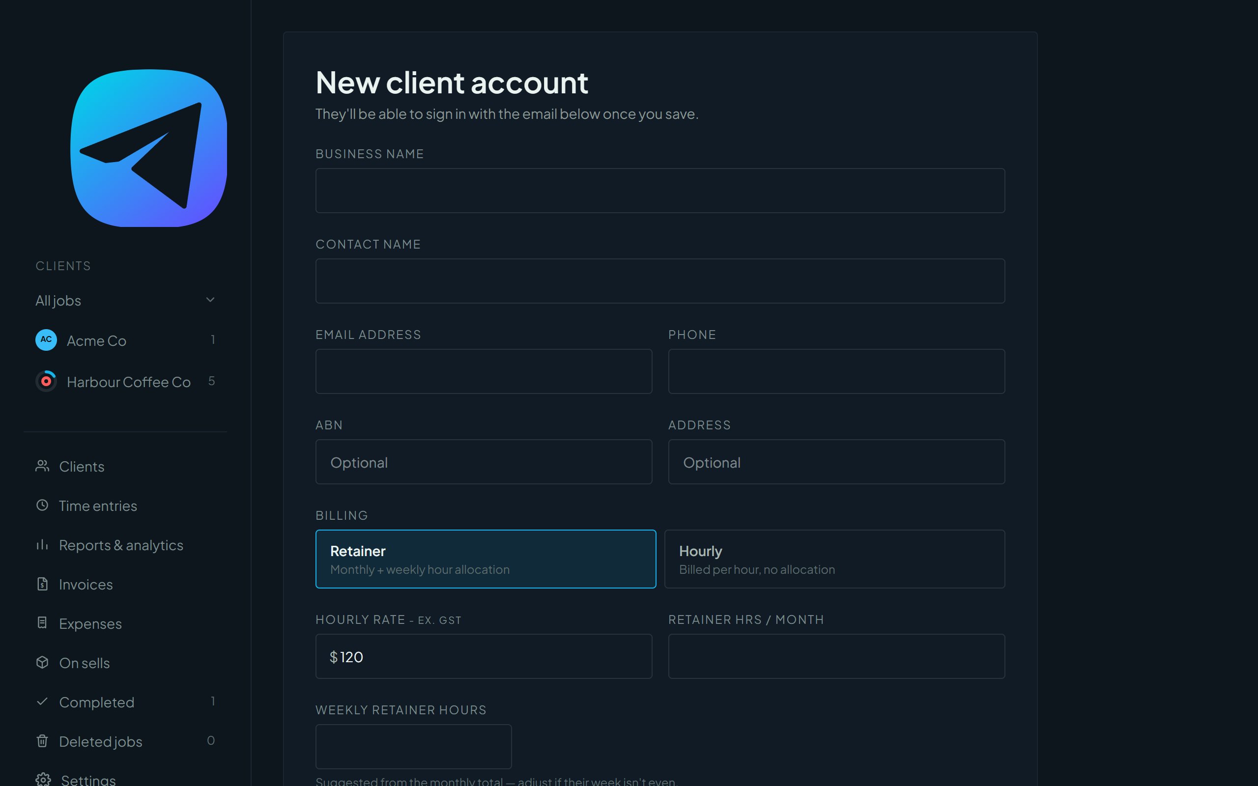 The New client account form