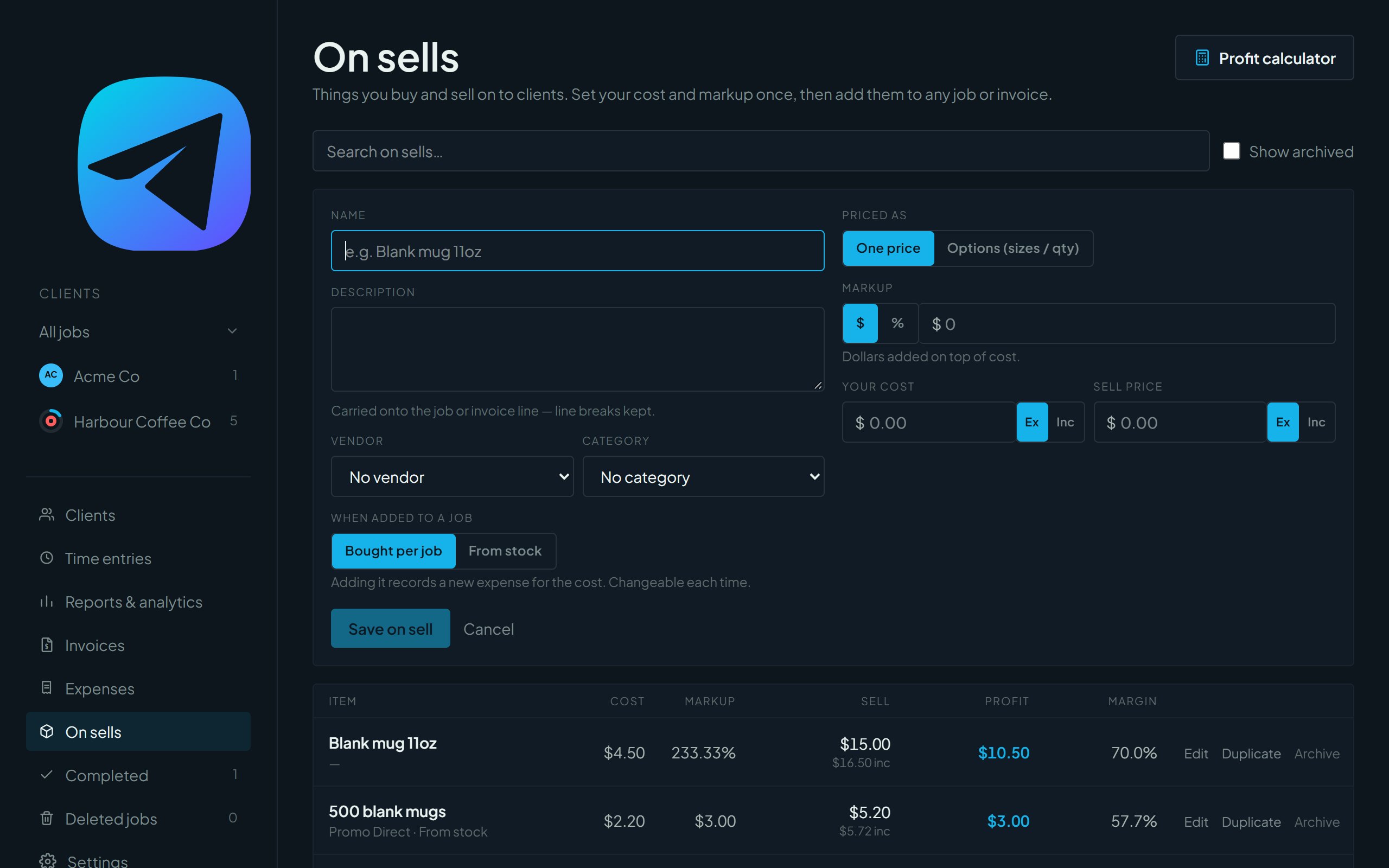 The New on sell form with one price