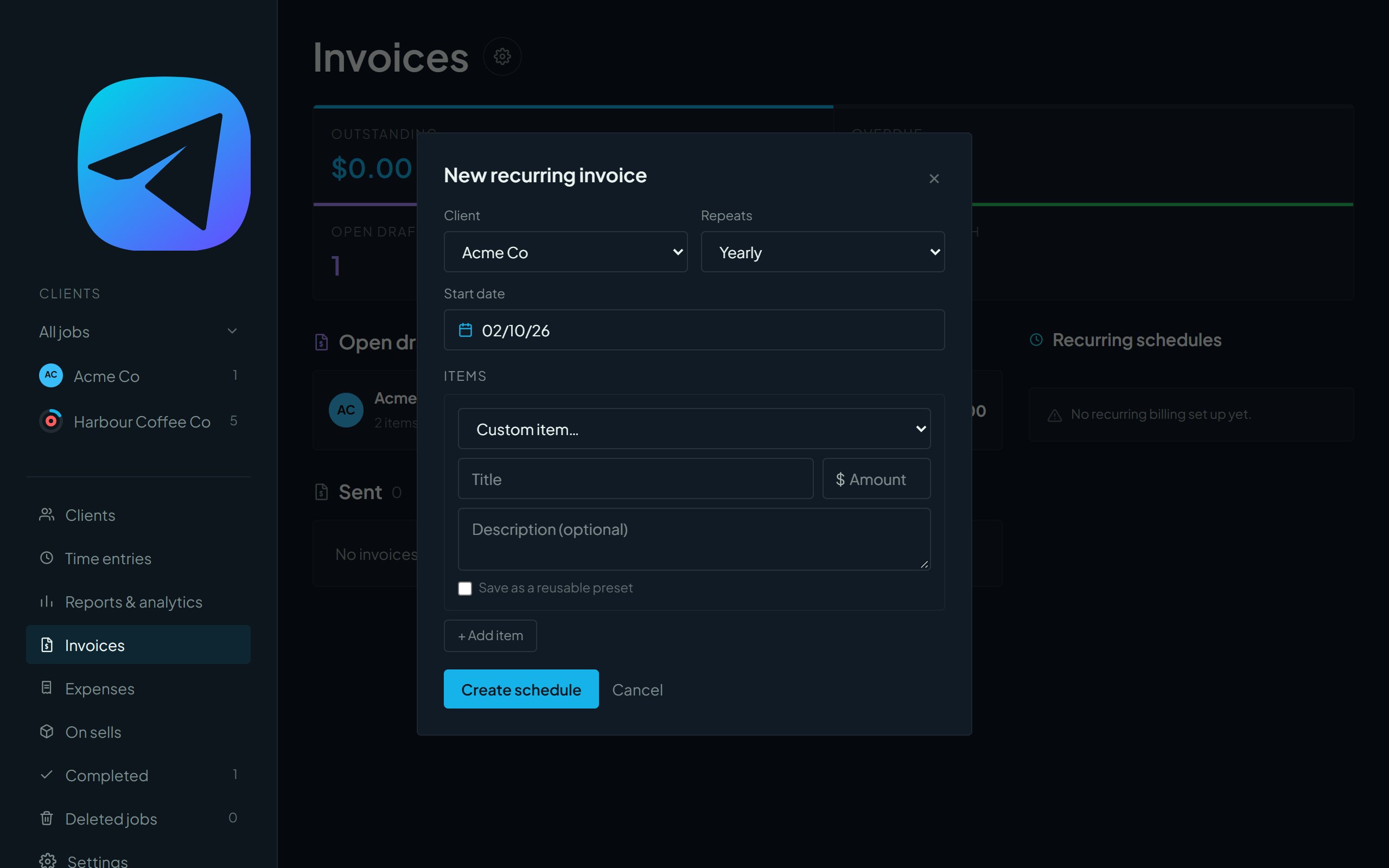 The New recurring invoice form