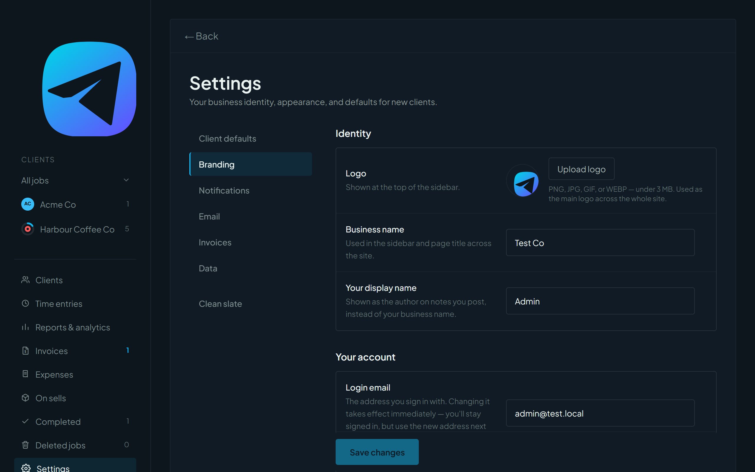 The Branding tab in Settings, showing identity and account details