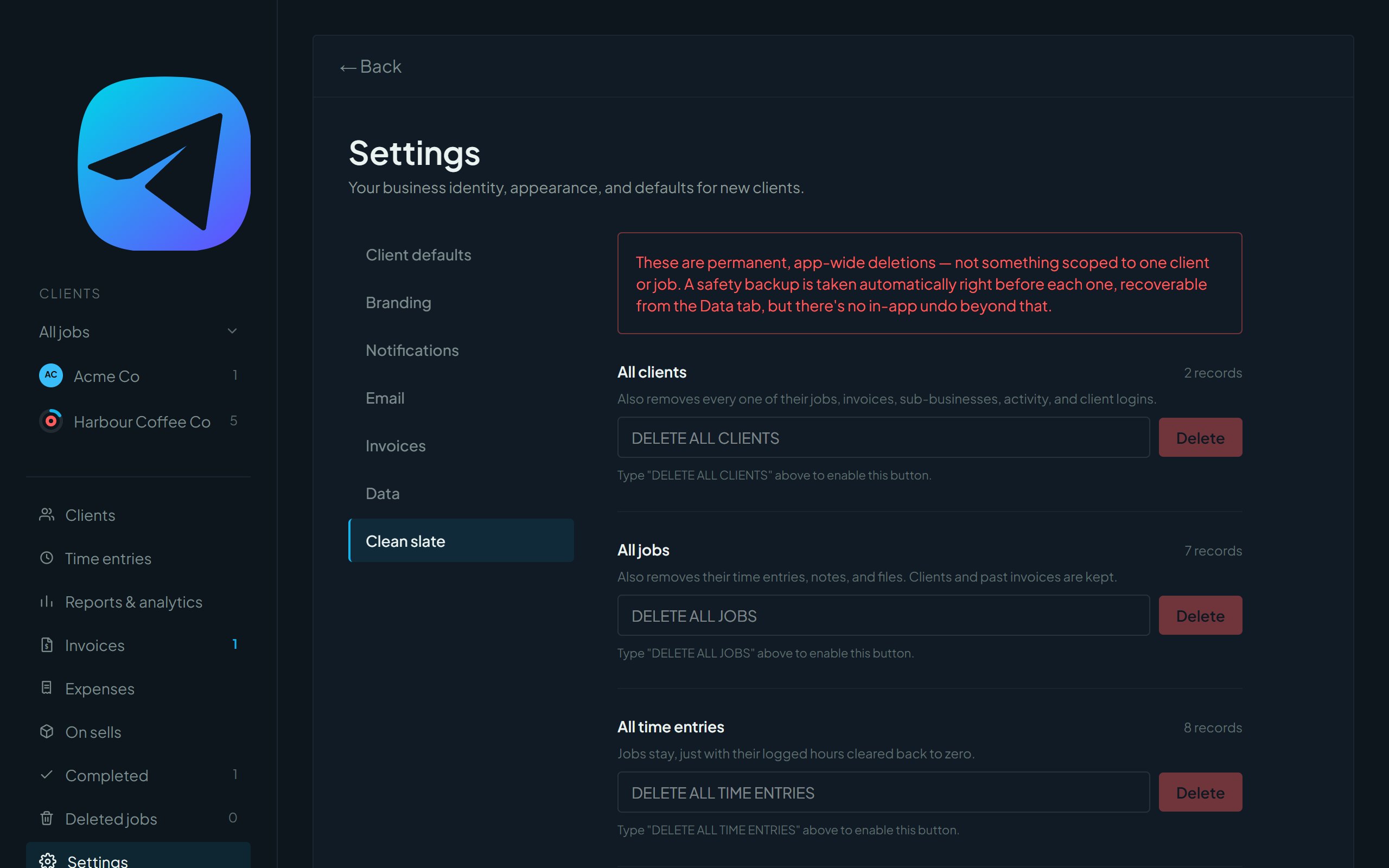 The Clean slate tab with four delete options, each needing a typed phrase