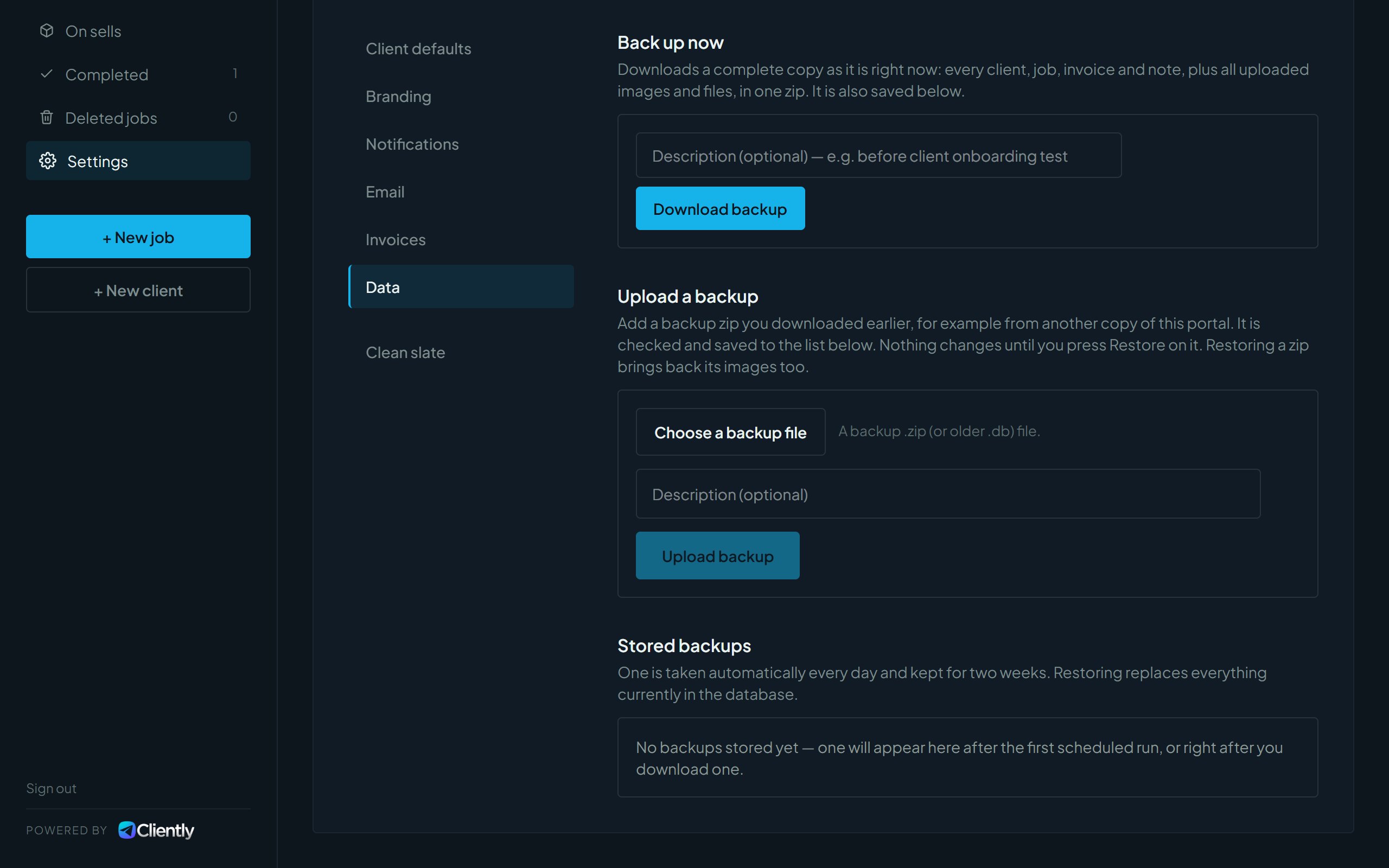 The backup section of the Data tab with Download backup, Upload a backup and Stored backups
