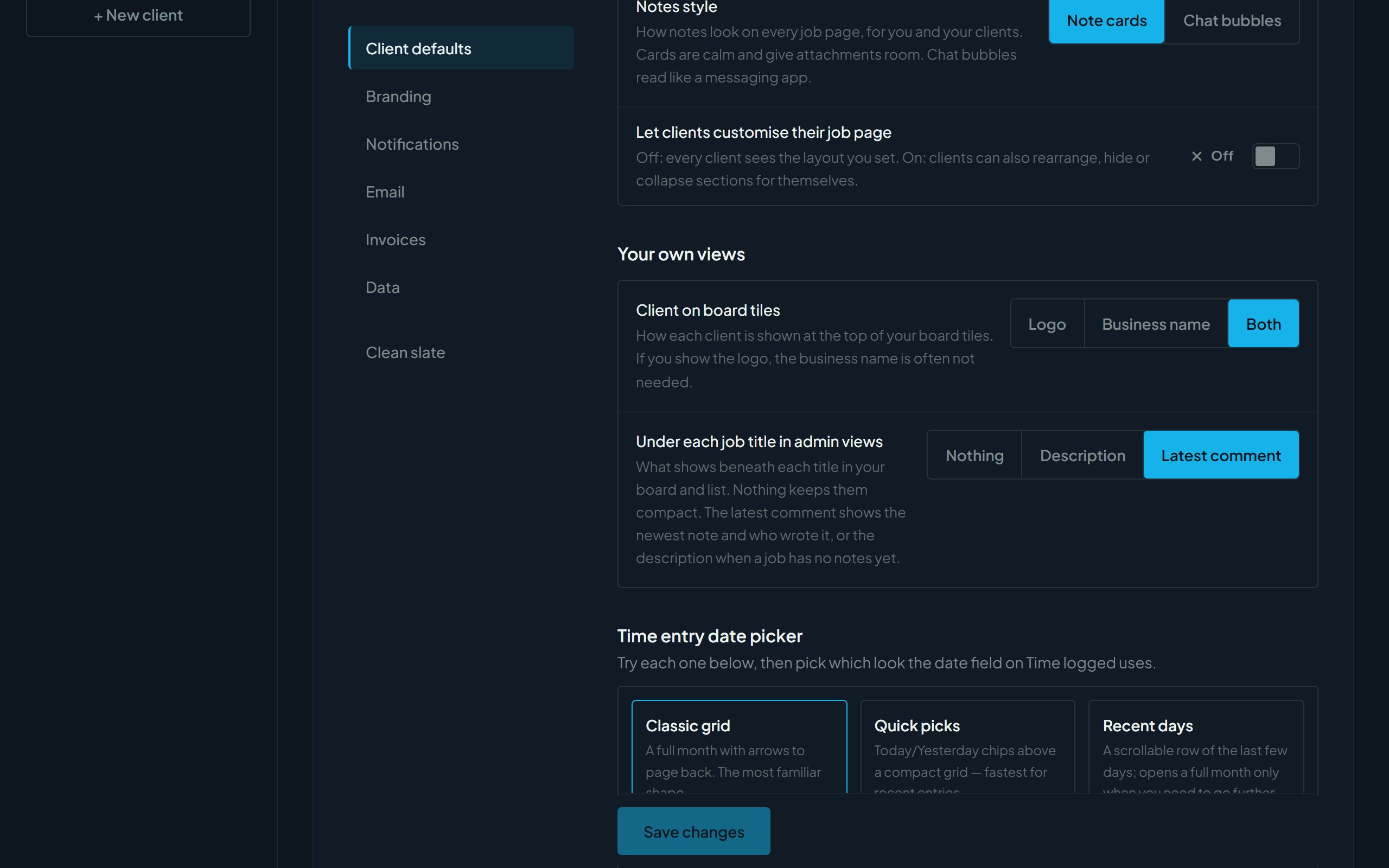 More Client defaults: client on board tiles, admin job titles, and the time entry date picker