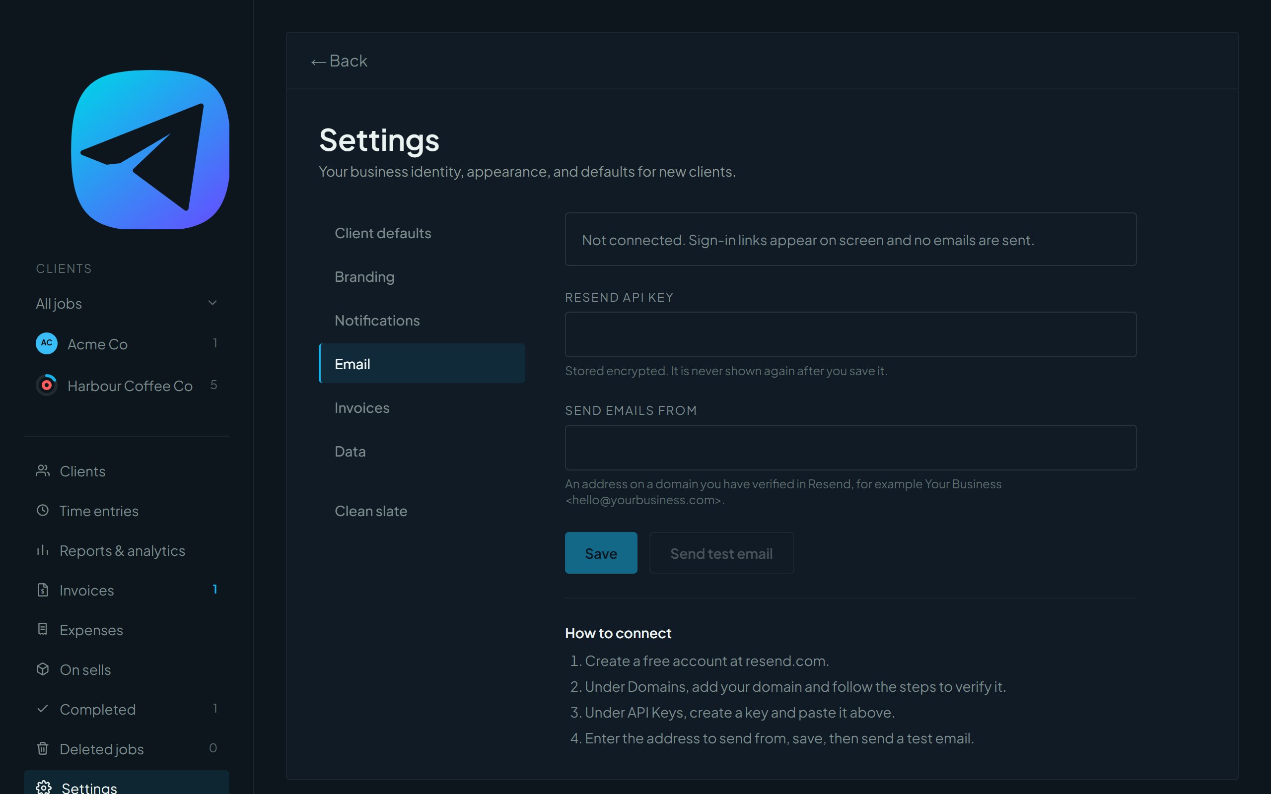 The Email tab in Settings with an API key box and how to connect