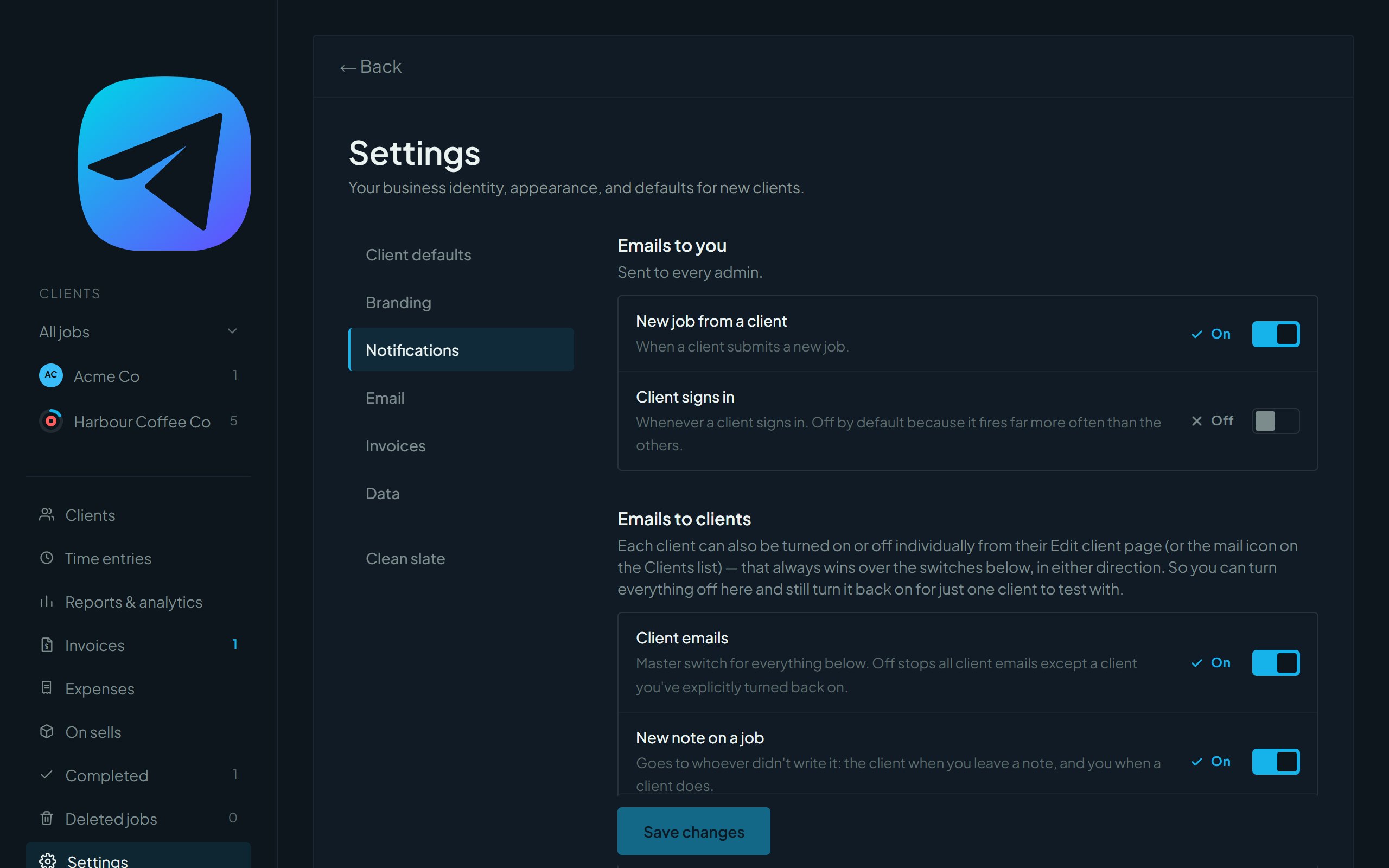 The Notifications tab in Settings with switches for emails to you and to clients