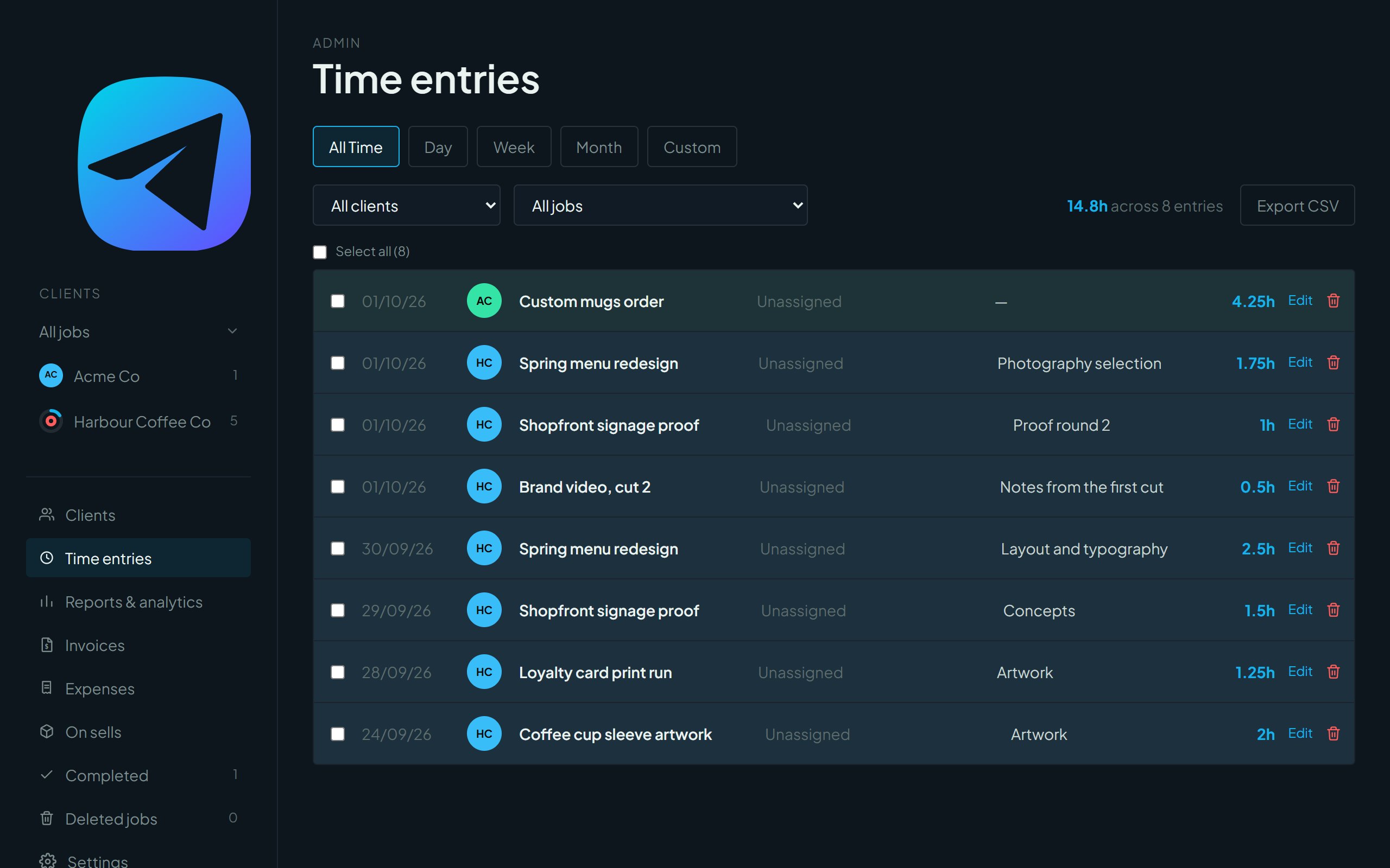 The Time entries page with entries across two clients